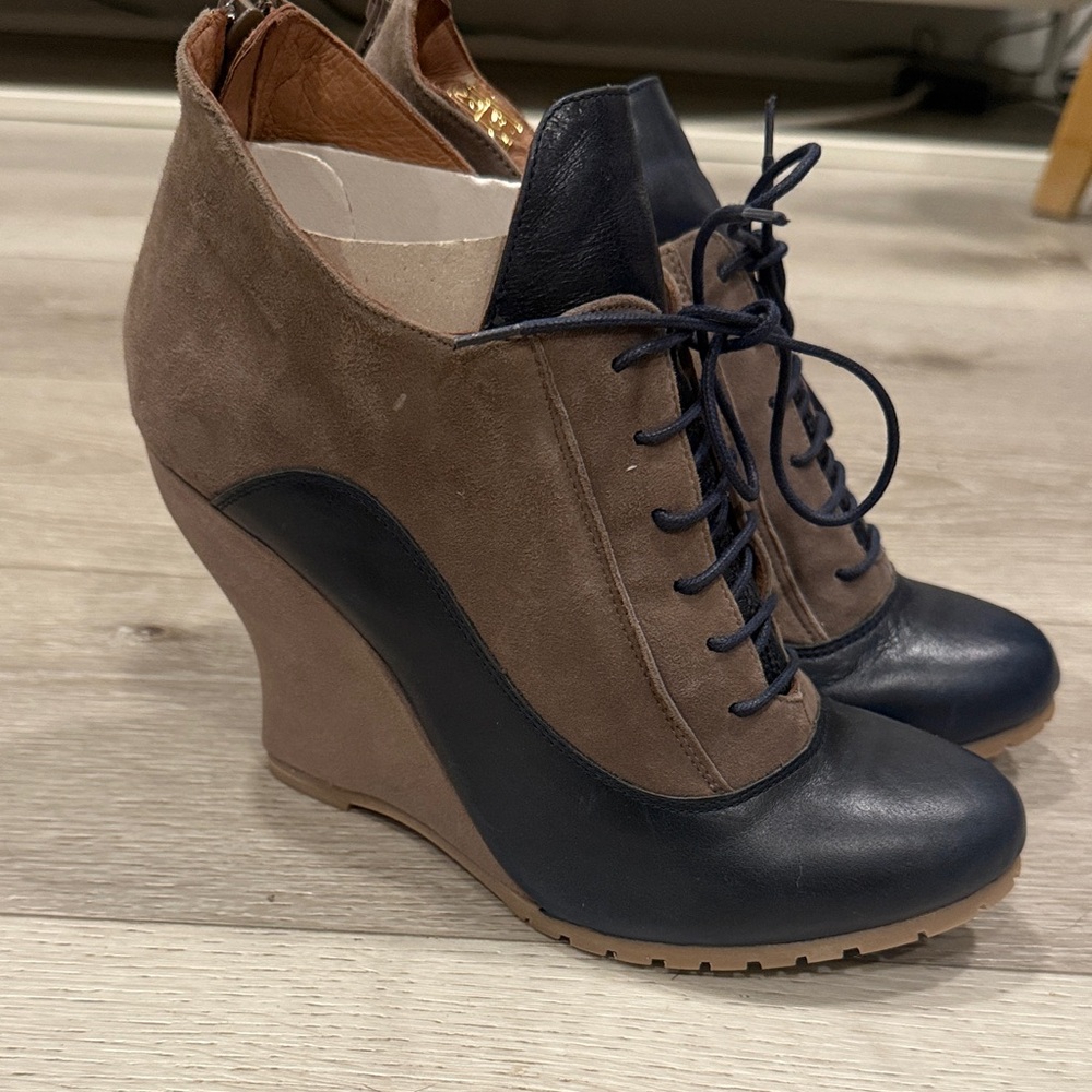 Anthropologie Tan and Black Lace-Up Wedges
